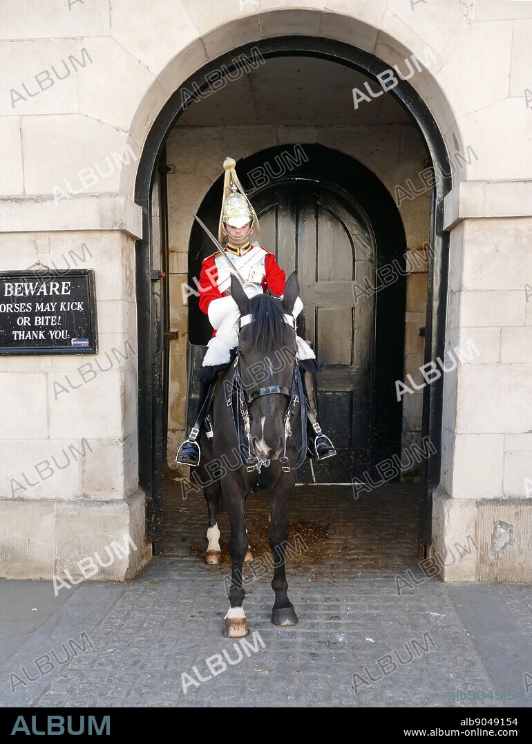Horse guard, Whitehall, London. Life Guards of the Household Cavalry mounting the guard at Horse Guards. The Life Guards (LG) is the senior regiment of the British Army and part of the Household Cavalry.