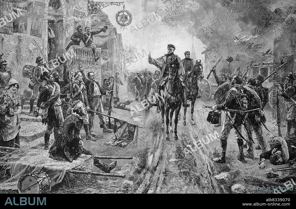 General Blºcher in Laon, die Schlacht bei Laon fand statt am 9. und 10. M§rz 1814 w§hrend des Winterfeldzugs 1814 der Befreiungskriege in Frankreich, Gebhard Leberecht von Blºcher, ab 1814 Fºrst Blºcher von Wahlstatt, 16. Dezember 1742 - 12. September 1819, war ein preuüischer Generalfeldmarschall / General Blºcher in Laon, the Battle of Laon took place on March 9 and 10, 1814 during the Winter Campaign 1814 of the Wars of Liberation in France, Gebhard Leberecht von Blºcher, from 1814 Prince Blºcher von Wahlstatt, December 16, 1742 - September 12, 1819, was a Prussian Field Marshal, Historisch, historical, digital improved reproduction of an original from the 19th century / digital restaurierte Reproduktion einer Originalvorlage aus dem 19. Jahrhundert, genaues Originaldatum nicht bekannt,.