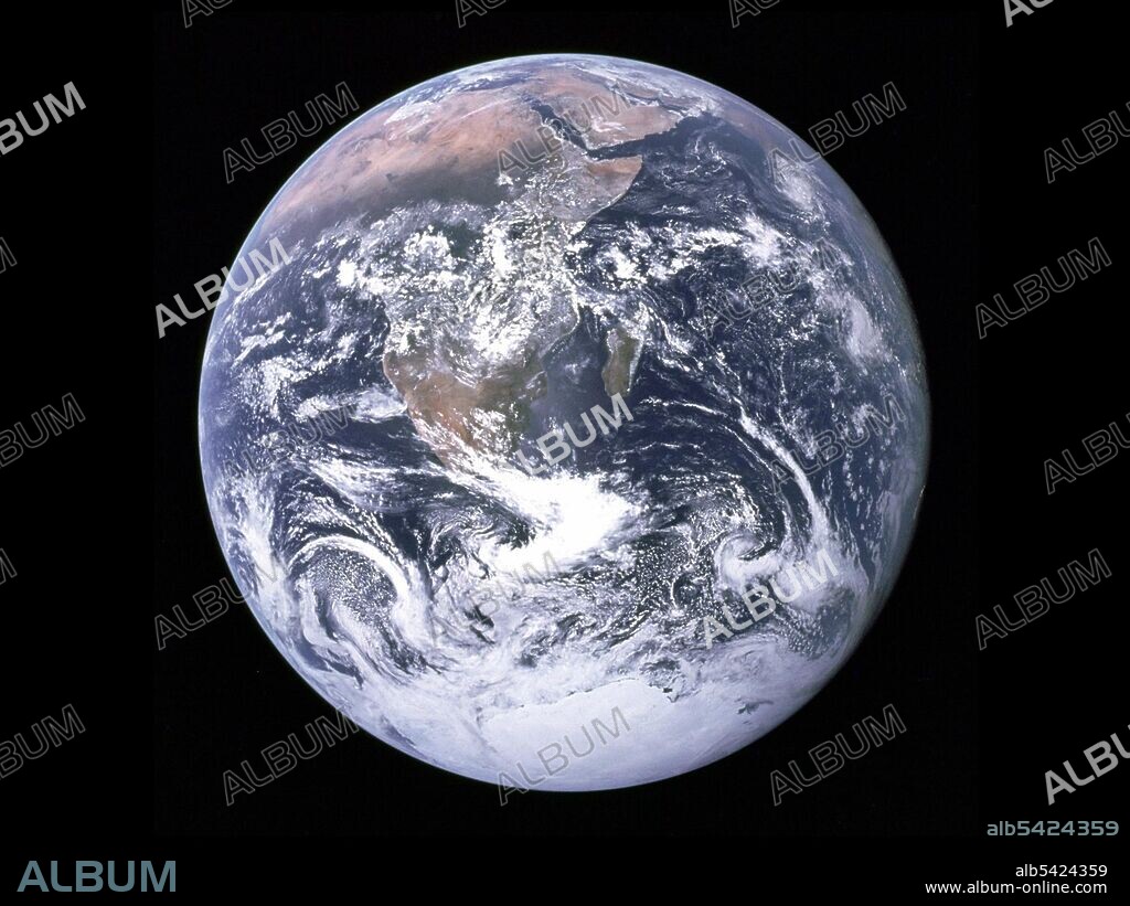 The Blue Marble - Earth from space, December 7, 1972. This famous photograph, known as The Blue Marble, was captured by the Apollo 17 astronauts on the same day that they left Earth on a Saturn V rocket developed by NASA's Marshall Space Flight Center in Huntsville, Alabama. The image became part of the official Earth Day flag. It is not known which of the three astronauts - Eugene Cernan, Ron Evans, and Harrison Schmitt - took the photo as all three men have always claimed it as their own.