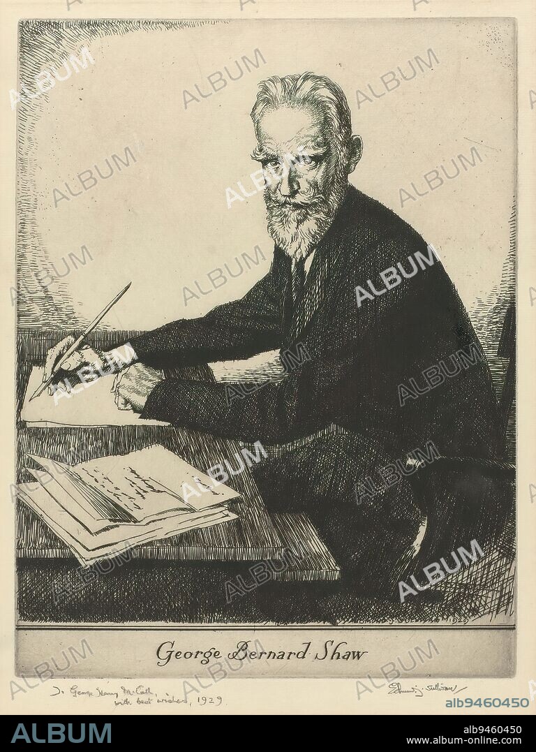 Portrait of George Bernhard Shaw, George Bernard Shaw (title on object), print maker: Edmund Joseph Sullivan, (signed by artist), London, 1929, paper, etching, drypoint, height 263 mm × width 200 mm.