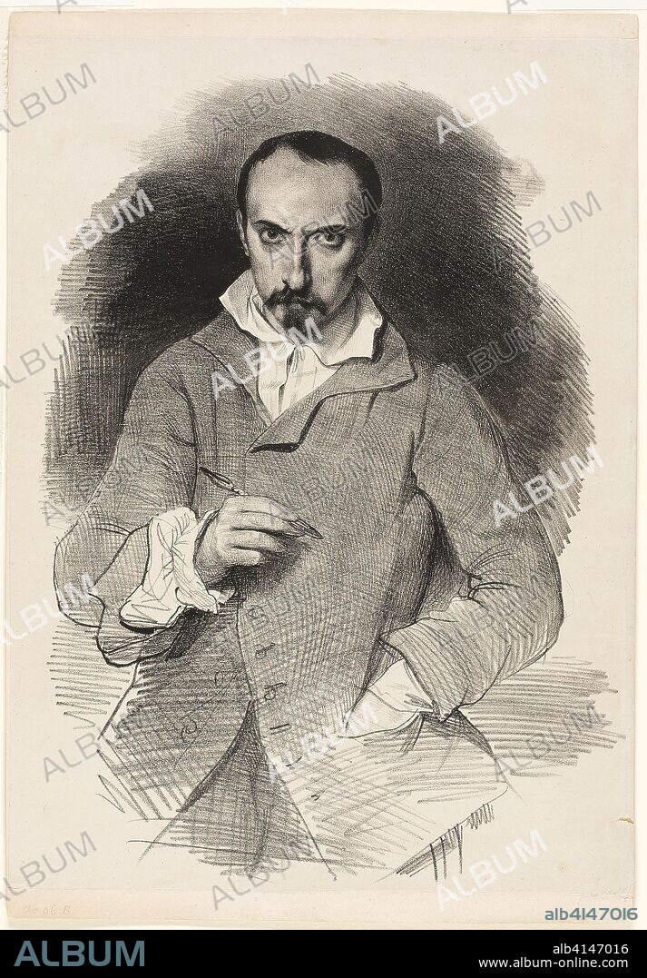 ACHILLE DEVERIA. Self-Portrait. Achille Devéria; French, 1800-1857. Date: 1830-1840. Dimensions: 419 × 308 mm (image/sheet, platemark trimmed within primary support); 447 × 310 mm (secondary support). Lithograph in black on off-white China paper, laid down on cream wove paper. Origin: France.