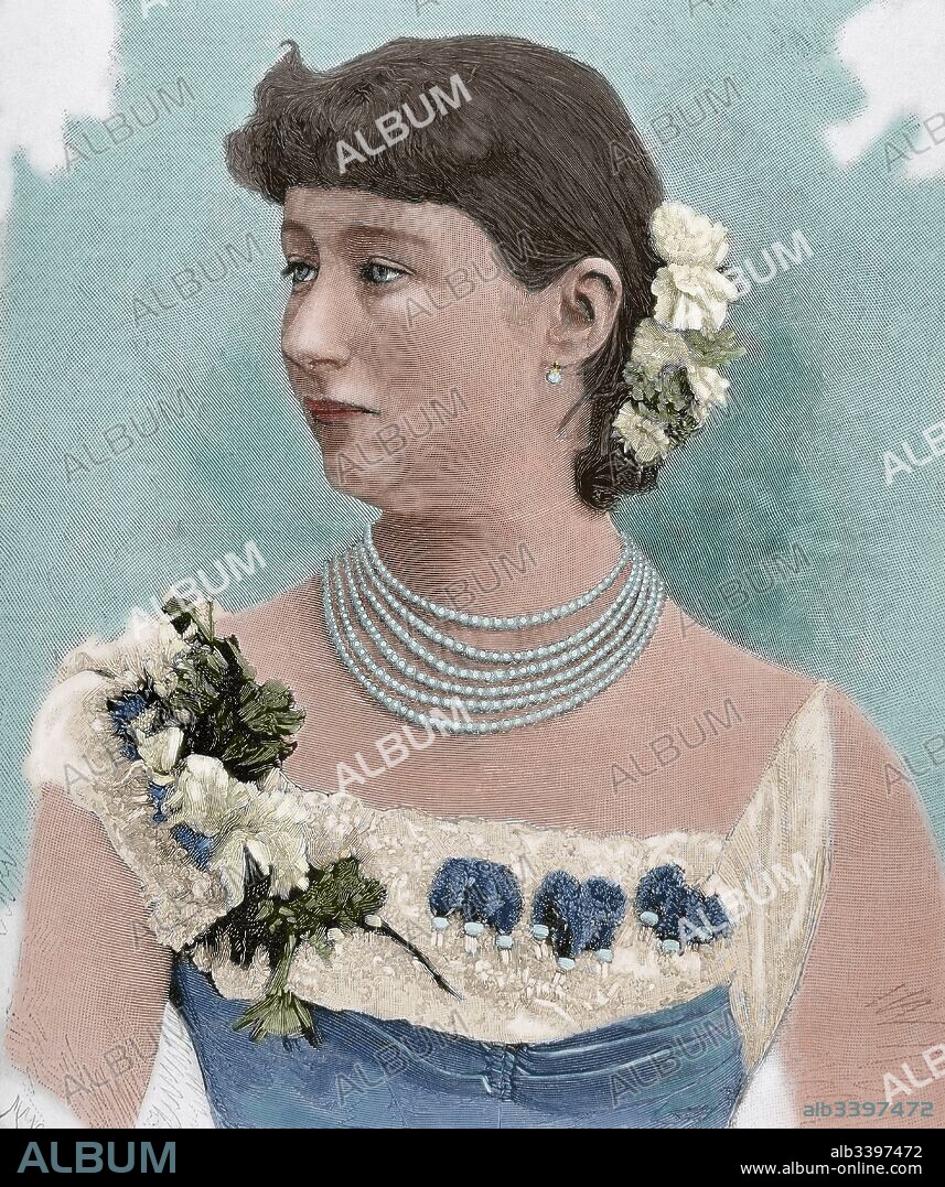 Victoria Augusta (Dolzig,1858-Doorn,1921). Emperatriz de Alemania y reina de Prusia. Hija del duque Federico de Schleswig-Holstein, en 1881 casó con el príncipe Guillermo, que subió al trono imperial de Alemania con el nombre de Guillermo II. Grabado por Mancastropa. Coloreado.