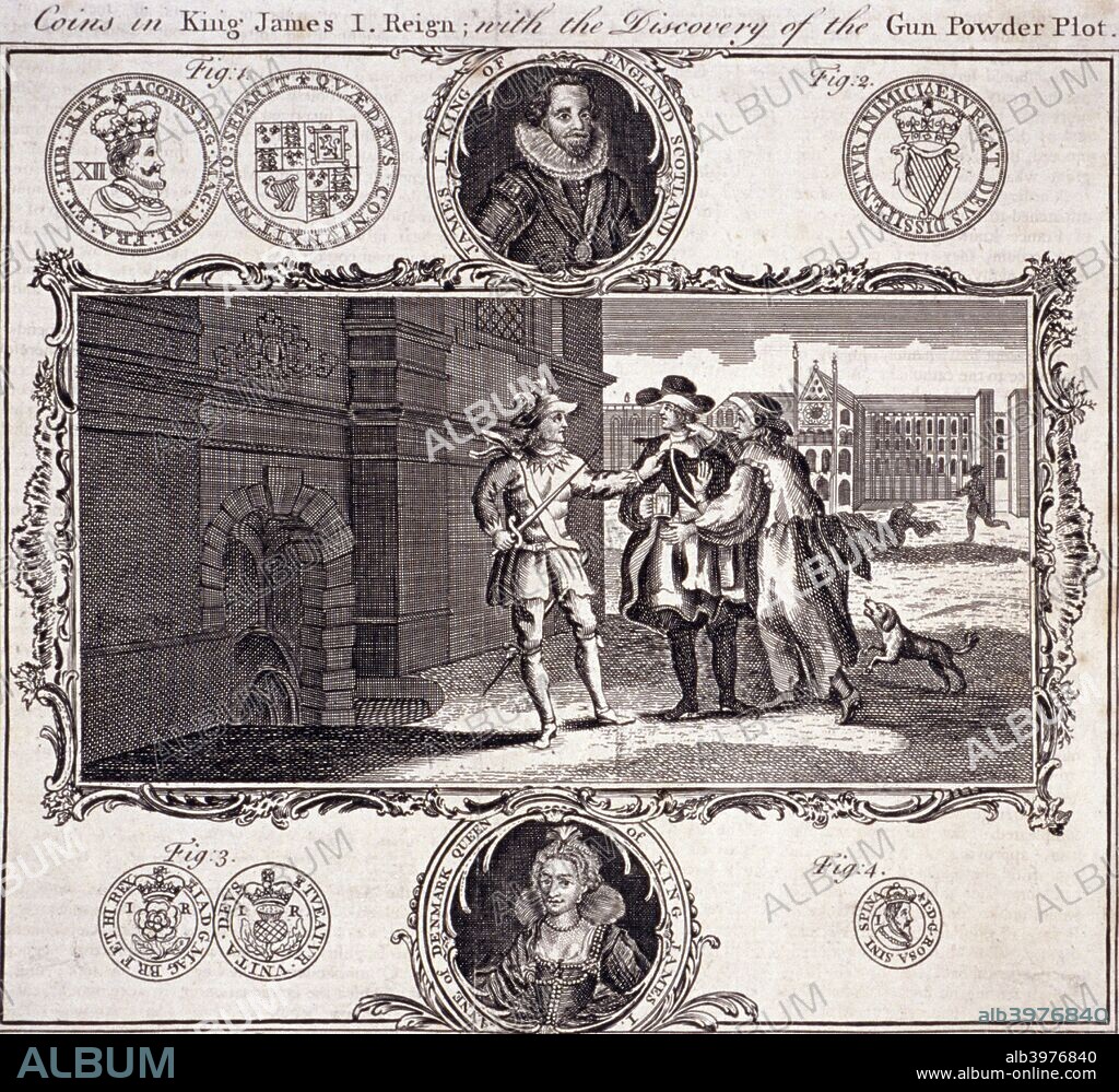 Scene of the discovery of the Gunpowder Plot, 1605, (c1780). Showing figures outside the cellar beneath the House of Lords, in the Palace of Westminster, where the gunpowder was stored; with coins from the reign of James I in the upper and lower margins.