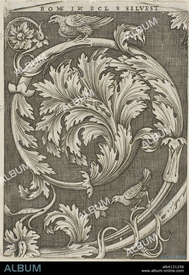 Foliage Ornament from Ancient Roman Church. Agostino dei Musi; Italian, c. 1490-after 1536. Date: 1525-1540. Dimensions: 179 x 128 mm (image/sheet, trimmed to and within plate mark). Engraving in black on ivory laid paper. Origin: Italy.