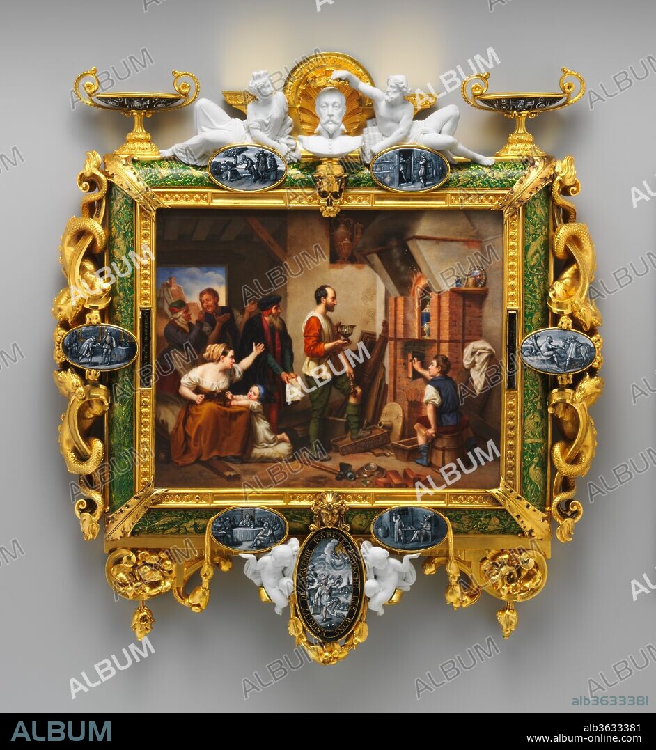 Plaque depicting Bernard Palissy. Artist: After a painting by Charles Alexandre Debacq (French, Paris 1804-1853 Paris). Culture: French, Sèvres. Designer: After a design by Nicolas-Marie Moriot (French, Versailles 1788-1852); After designs by Alexandre Laemlein (French, Hohenfeld 1813-1871 Pontlevoy). Dimensions: Overall (confirmed): 19 1/2 x 17 3/4 x 2 5/8 in. (49.5 x 45.1 x 6.7 cm). Enameler: Enamel decoration by Jacob Meyer-Heine (active 1840-73). Maker: Frame by Armand Feuchère (French, active Sèvres, 1842-51). Manufactory: Sèvres Manufactory (French, 1740-present). Modeler: Biscuit figures modeled by Jean-Baptiste-Jules Klagmann (French, Paris 1810-1867 Paris). Date: 1846.
This framed Sèvres plaque is one of the most ambitious and original works of art produced in the Renaissance Revival style of mid-nineteenth-century France. Both the plaque and the elaborate frame pay homage to the flourishing of the decorative arts that took place during the French Renaissance. The scene on the plaque, by Nicolas-Marie Moriot after a painting by Charles Alexandre Debacq (1804-1853), portrays Bernard Palissy, the only Renaissance potter whose name was known in the nineteenth century, burning the furniture in his house to fire his kiln. The oval enamel-on-copper plaques that decorate the frame depict events from Palissy's life, and their grisaille decoration evokes Limoges enamels of the sixteenth century. The plaques were painted by Jacob Meyer-Heine, who was name head of the recently established enamel workshop at Sèvres in 1840. The dragons entwined with strapwork on the gilt-bronze frame by Armande Feuchère are drawn from the architectural vocabulary of the French Renaissance, and the biscuit porcelain figures modeled by Jean-Baptiste-Jules Klagman (1810-1867) recall the stucco decoration of the Galerie François I at Fontainebleau, the supreme example of Renaissance art in France. The designs and molds for this plaque are preserved at the Sèvres manufactory.