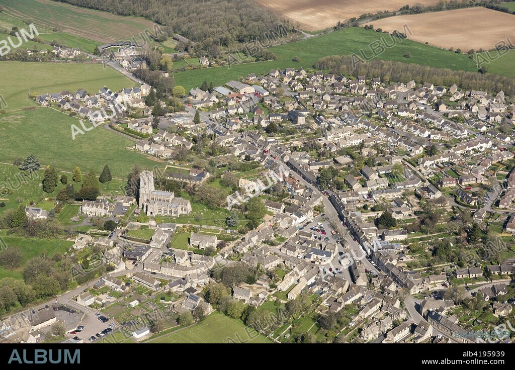 Northleach, Gloucestershire, 2018. Aerial view of the market town and the Anglican parish Church of St Peter and St Paul.