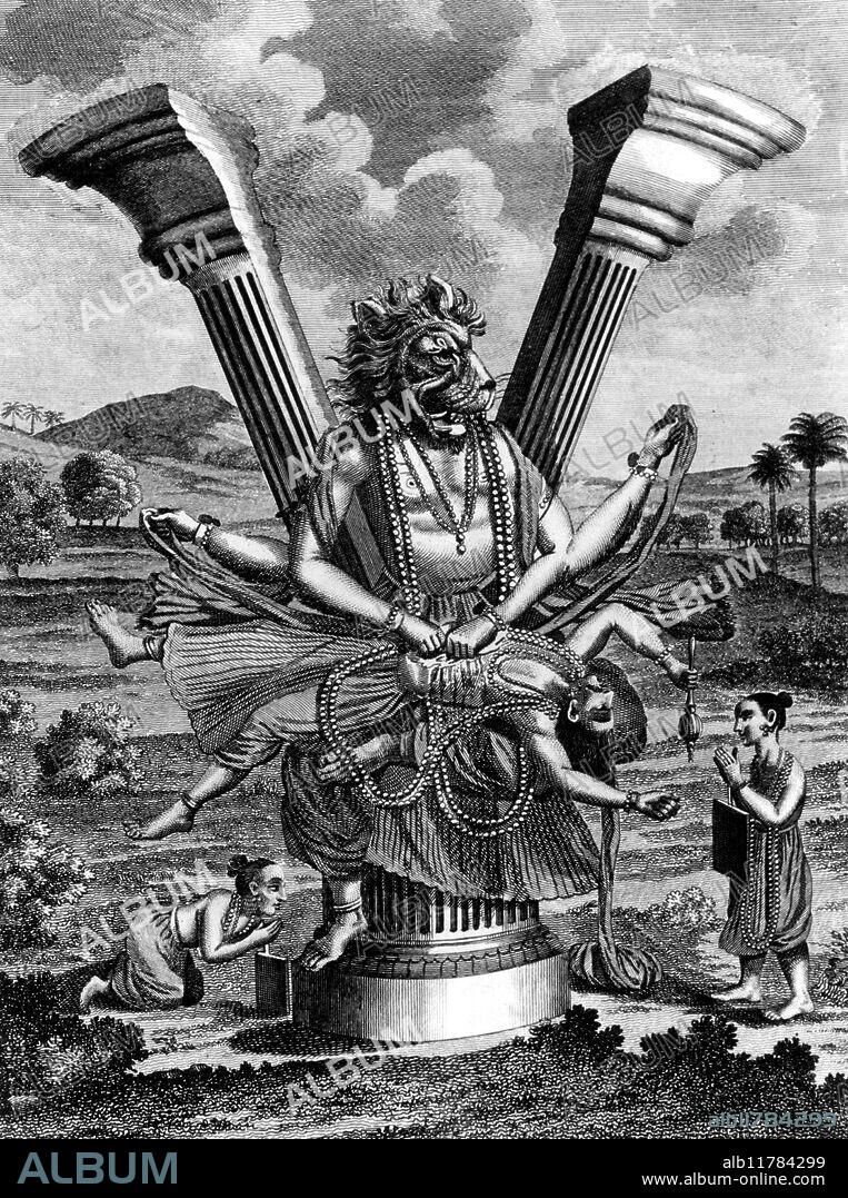 The Sing Avatar, representing the Deity, under the form of a man lion bursting from a pillar to destroy a blaspheming monarch. From THE HISTORY OF HINDOSTAN (London, 1748) - ©2004 TopFoto / Fortean.