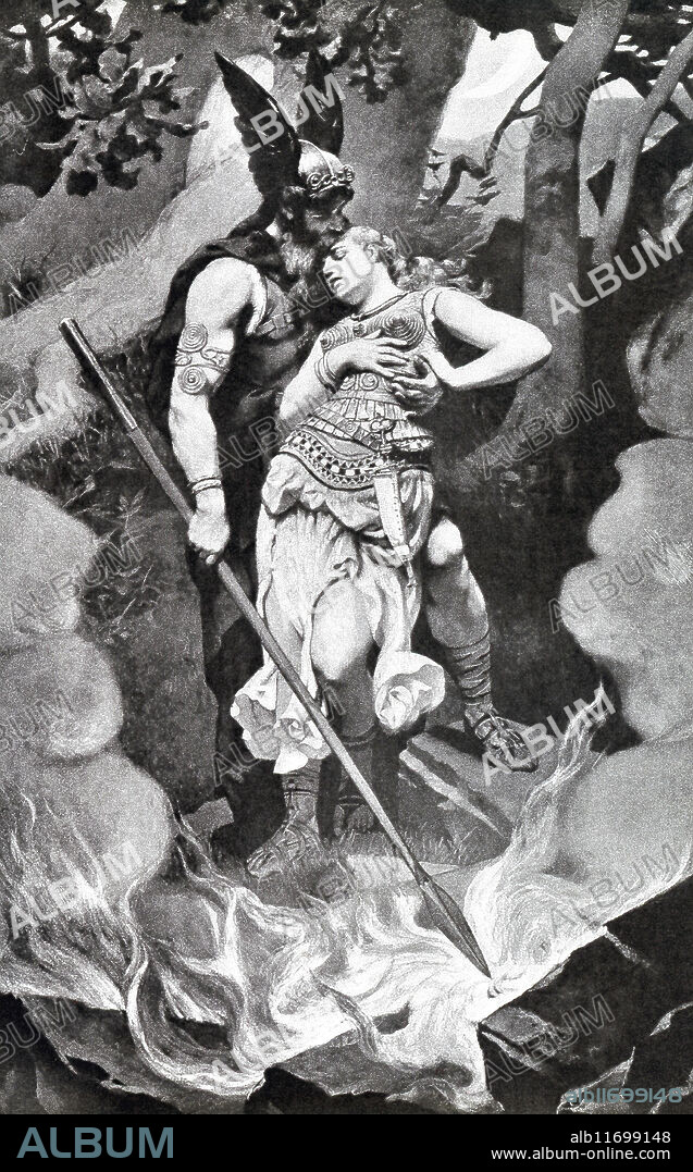 In Norse mythology, Wotan was a sky god. Brunhild (also spelled Brunhilde, Brynhild, Brynhildr) was a shield maiden and a Valkyrie. She was also the daughter of Wotan. Robert Wagner, in his opera Der Ring des Nibelungen tells the tale, with some variations on the ancient saga. Brunhild disobeyed her father's orders to have her brother Siegmund die and Wotan punishes her by putting her to sleep (in this 1908 illustration by Konrad Dielitz Wotan is taking leave of Brunhild) and saying that she must remain so until a hero awakens her. The hero turns out to be Siegfried.