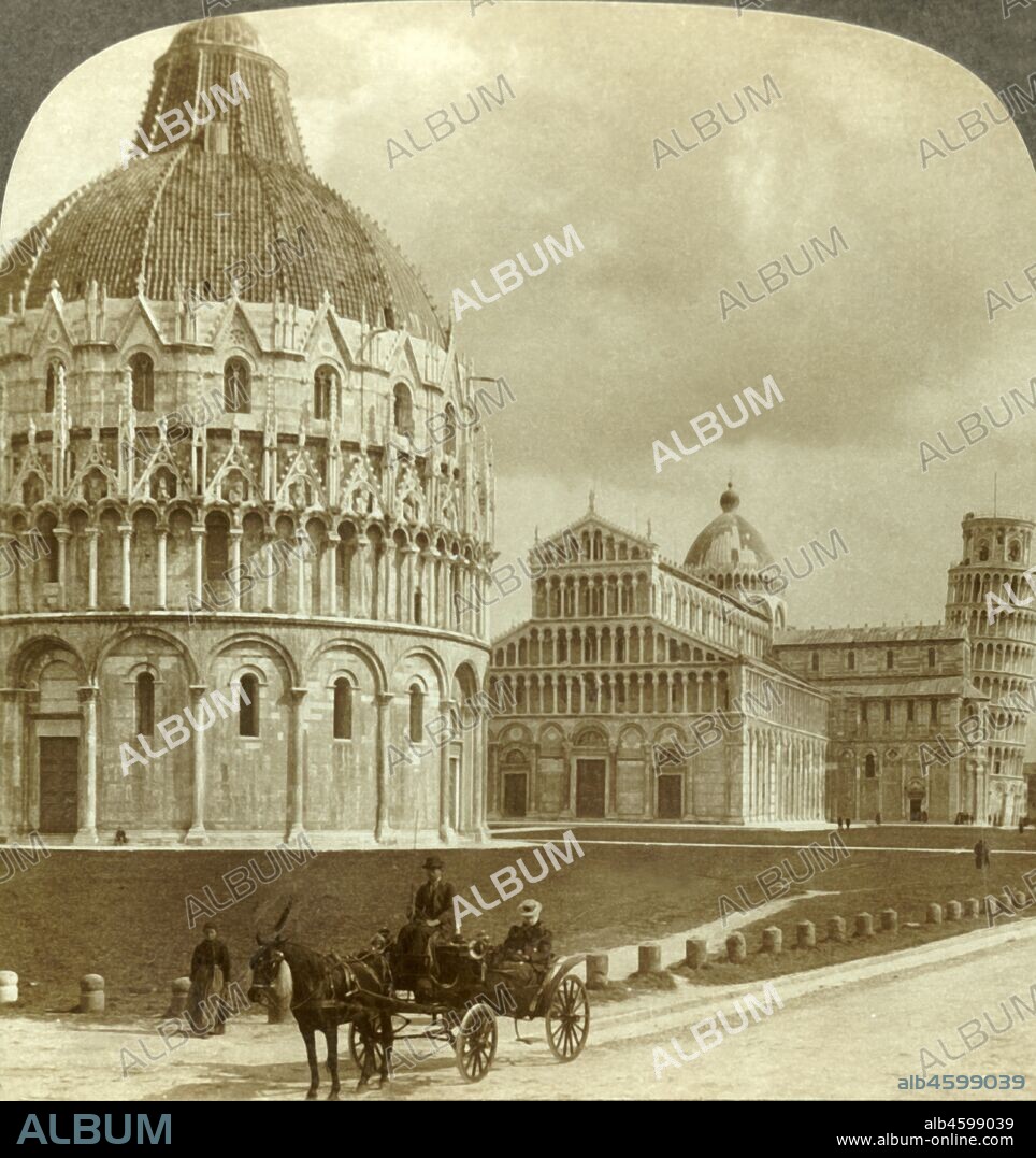 'Three architectural gems - Baptistery, Cathedral and Campanile, (W.), Pisa, Italy', c1909. 12th century Baptistery of St. John in the Piazza dei Miracoli near the Duomo di Pisa with free-standing campanile, the Leaning Tower of Pisa.  To be viewed on a Sun Sculpture stereoscope made by Underwood & Underwood. [The Rose Stereograph Company, Melbourne, Sydney, Wellington & London, c1909].