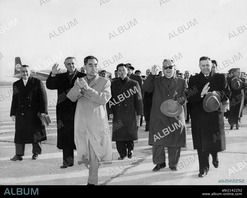 Chinese premier zhou enlai with enver hoxha at the airport uppon his arrival in albania, 1963.