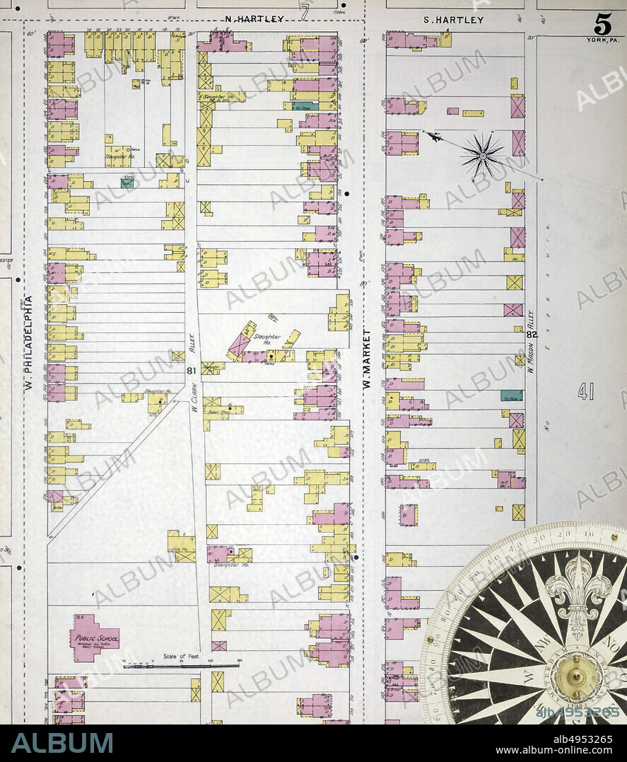 Image 5 of Sanborn Fire Insurance Map from York, York County, Pennsylvania. 1894. 68 Sheet(s). Includes Dallastown, Emigsville, Fairmount, Glen Rock, Goldsboro, Mayersville (or North York), New Freedom, Red Lyon, Seitzland, Seven Valley, Shrewsbury, York. Bound, America, street map with a Nineteenth Century compass.