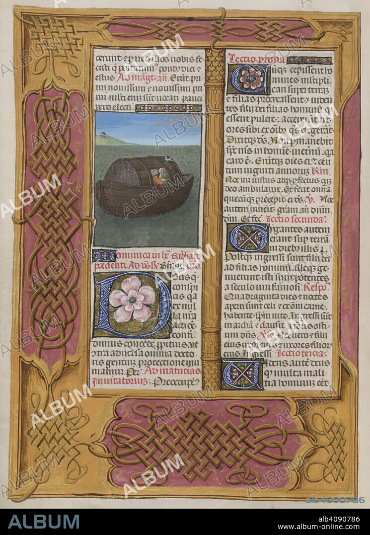 MASTER OF THE DRESDEN PRAYER BOOK. The Temporale; Feast of Sexagesima. Noah's Ark, with Noah and his wife.Text; initial 'D', with a pink rose. Borders with lattice decoration. Isabella Breviary. S. Netherlands [Bruges?]; circa 1490-1497. Source: Add. 18851, f.65v. Language: Latin.