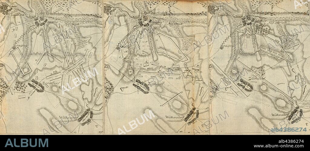 Battle at Zorndorf, Plans for the Battle of Zorndorf, Fig. 4, to p. 387, Georg Friedrich von Tempelhoff, Henry Lloyd: Geschichte des siebenjährigen Krieges in Deutschland zwischen dem Könige von Preussen und der Kaiserin Königin mit ihren Alliirten vom General Lloyd. Als eine Fortsetzung der Geschichte des General Lloyd. Bd. 2. Berlin: gedrukt und verlegt von Johann Friedrich Unger, 1785.