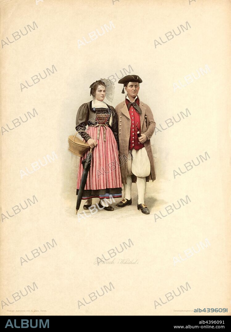 Zurich Wehnthal, Costumes from the Wehntal in the Canton of Zurich, signed: Photogr., Recording by R. Ganz; Chromophotogravure by Brunner & Hauser, Fig. 1, p. 5, Ganz, Rudolf (Fotografische Aufnahmen); Brunner & Hauser (Chromofotogravur), Rudolf Ganz, Julie Heierli: Die Schweizer-Trachten vom XVII-XIX Jahrhundert nach Originalien. Zürich: Brunner & Hauser (Polygraphisches Institut), [1897-1898].