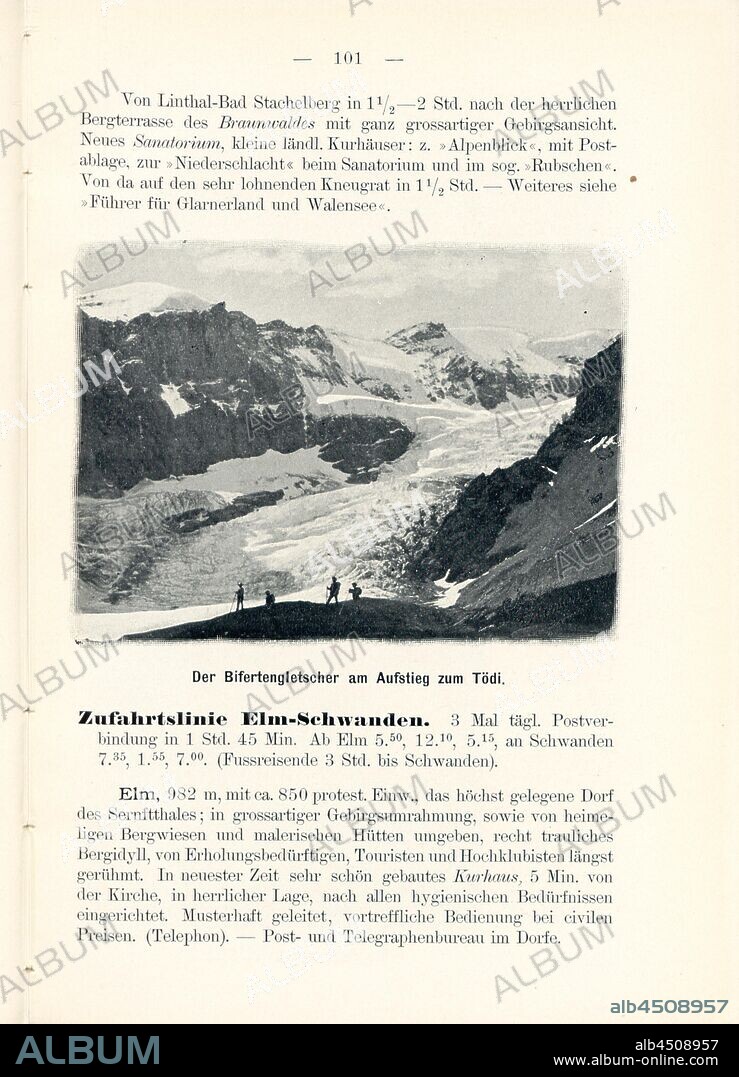 The Biferten glacier on the ascent to Tödi, Biferten glacier in the Canton of Glarus, Fig. 103, p. 101, Meisenbach, Riffarth und Co. (imp.), 1900, J. Knobel: Illustrierter Reisebegleiter für die Alpenstrasse des Klausen und ihre Zufahrtslinien. Glarus: Buchdruckerei J. Spälti, 1900.