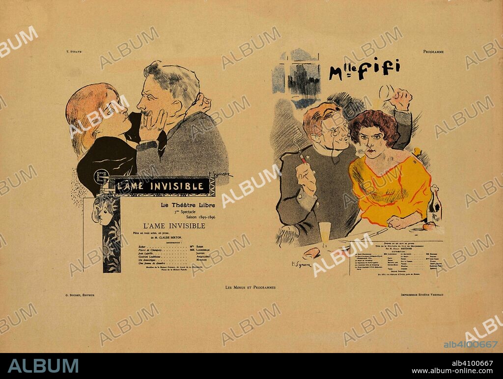 TANCREDE SYNAVE. Theatre programme for L'ame invisible by Claude Berton and Mademoiselle Fifi by Oscar Méténier after Guy de Maupassant (Théâtre Libre, 10 February 1896). Dimensions: 31.5 cm x 44.6 cm, 33.2 cm x 21.6 cm.