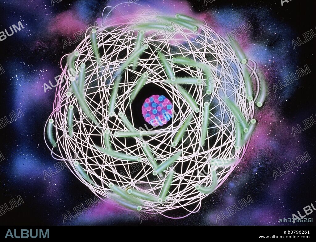 Artist's impression of electron orbitals surrounding an atomic nucleus. This representation owes much to classical physics, and shows the electrons as discrete particles inhabiting fixed orbital paths. This is known as the Bohr Model. Quantum physics describes the electrons as inhabiting a probability 'cloud' around the nucleus, and exhibiting both particle and wave properties. A classical fixed orbit would allow the precise measurement of position and velocity of a given electron, prohibited by Heisenberg's Uncertainty Principle in the quantum world.