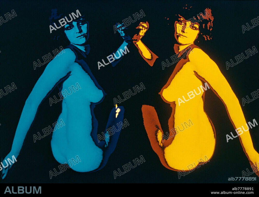 CREATIVE PHOTOGRAPHY - ARBITRARY COLORS "butterfly" photographic by female nude: the doubled, mirror and superimposed image is further elaborated by Ando Gilardi (1921-2012 #andogilardi) in Color G, a sophisticated arbitrary creative coloring process created by the author in Sixties, a photo-graphic technique of great expressive power and declinability, with results comparable to subsequent digital processing. Black background, shades of blue and yellow. Milan, 1973.