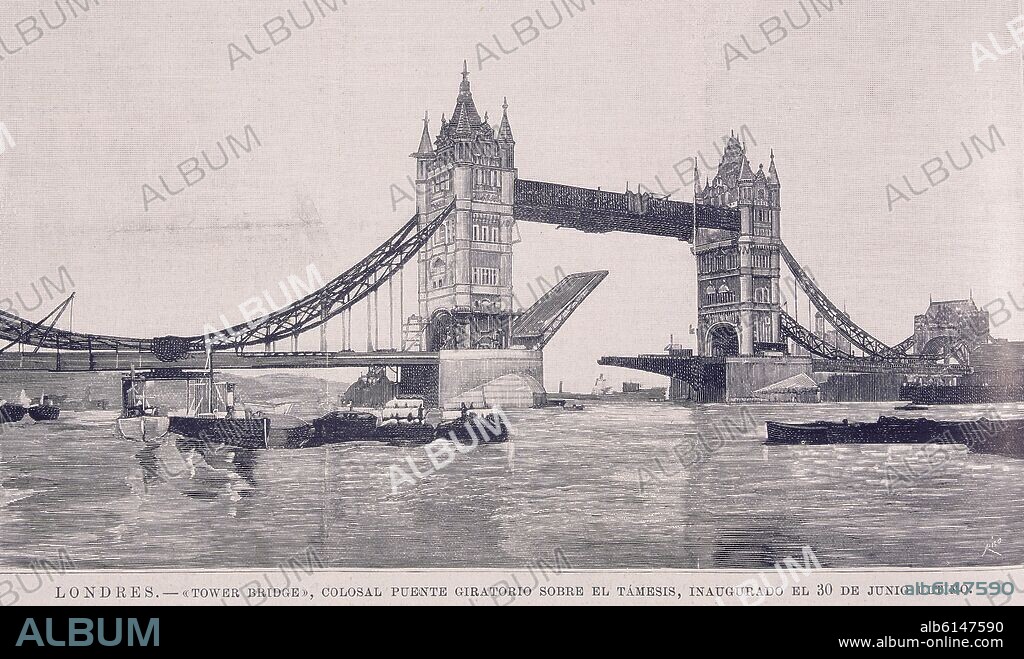 ILUST ESP/AMER-1896-LONDRES-PUENTE GIRATORIO SOBRE TAMESIS-GRABADO.