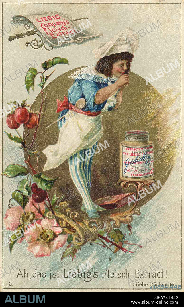Bilderserie die Kchin, Ah, das ist Liebig's Fleischextrakt / Picture series the cook, Ah, this is Liebig's meat extract, digital improved reproduction of a collectible image from the Liebig company, estimated from 1900, pd / digital restaurierte Reproduktion eines Sammelbildes von ca 1900, gemeinfrei.