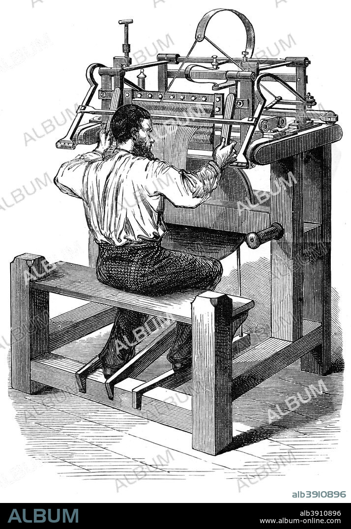 The stocking frame, c1880. Textiles worker using a mechanical knitting machine. A print from Great Industries of Great Britain, Volume I, published by Cassell Petter and Galpin, (London, Paris, New York, c1880).