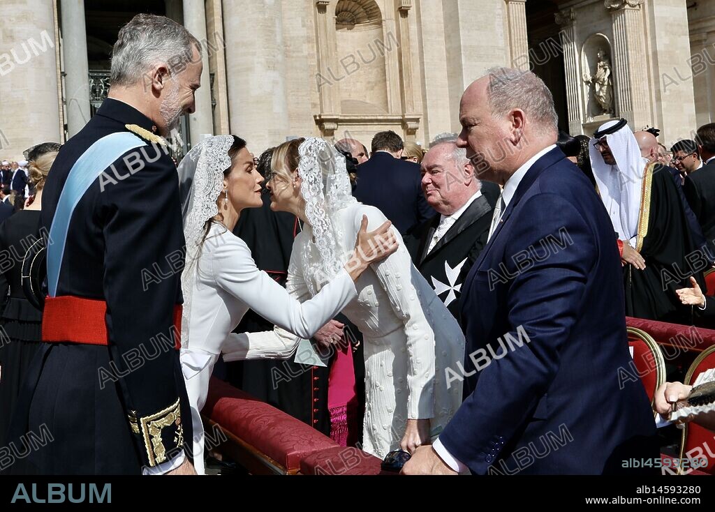 King Felipe VI of Spain, Queen Letizia of Spain, Prince Albert II of Monaco, Princess Charlene of Monaco during the Inauguration Mass of Pope Leo XIV In St Peter's Square on May 18, 2025 in Vatican City, Vatican.
