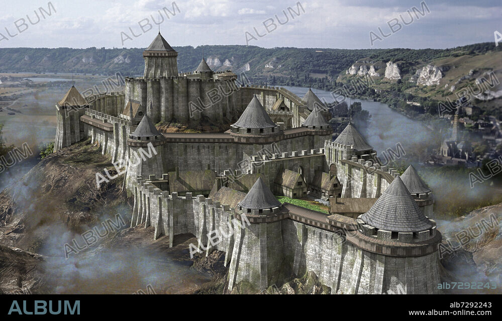 Middle Ages / Architecture. View of Château Gaillard, circa 1200 some time after its completion. (Medieval fortress of the 12th century located in the heart of Norman Vexin, 100 km from Paris in the commune of Andelys (Eure), built on a limestone cliff overlooking a large meander of the Seine. Its construction was decided by Richard the Lionheart). 3D Reconstruction (digital image), 2017.