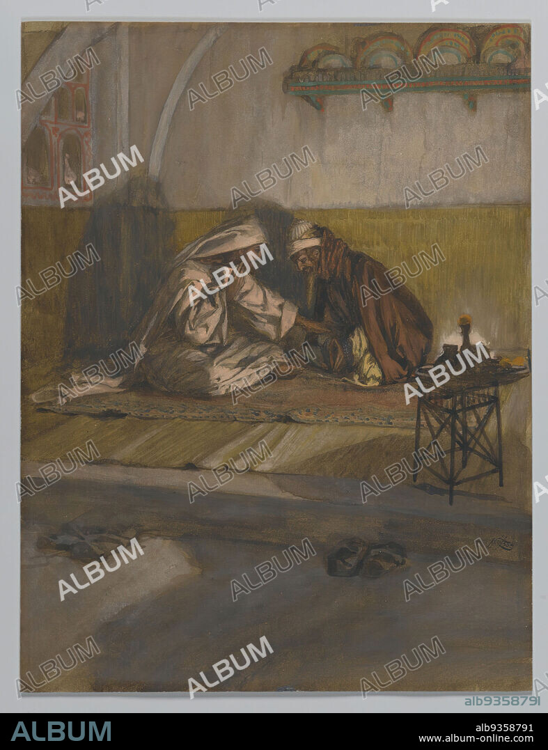 Interview between Jesus and Nicodemus, Entretien de Jésus et de Nicodème, The Life of Our Lord Jesus Christ, La Vie de Notre-Seigneur Jésus-Christ, James Tissot, French, 1836-1902, Opaque watercolor over graphite on gray wove paper, France, 1886-1894, Image: 9 1/8 x 7 in., 23.2 x 17.8 cm, figures, interior, jesus, Jesus Christ, John 3:1-18, nativity, watercolor.