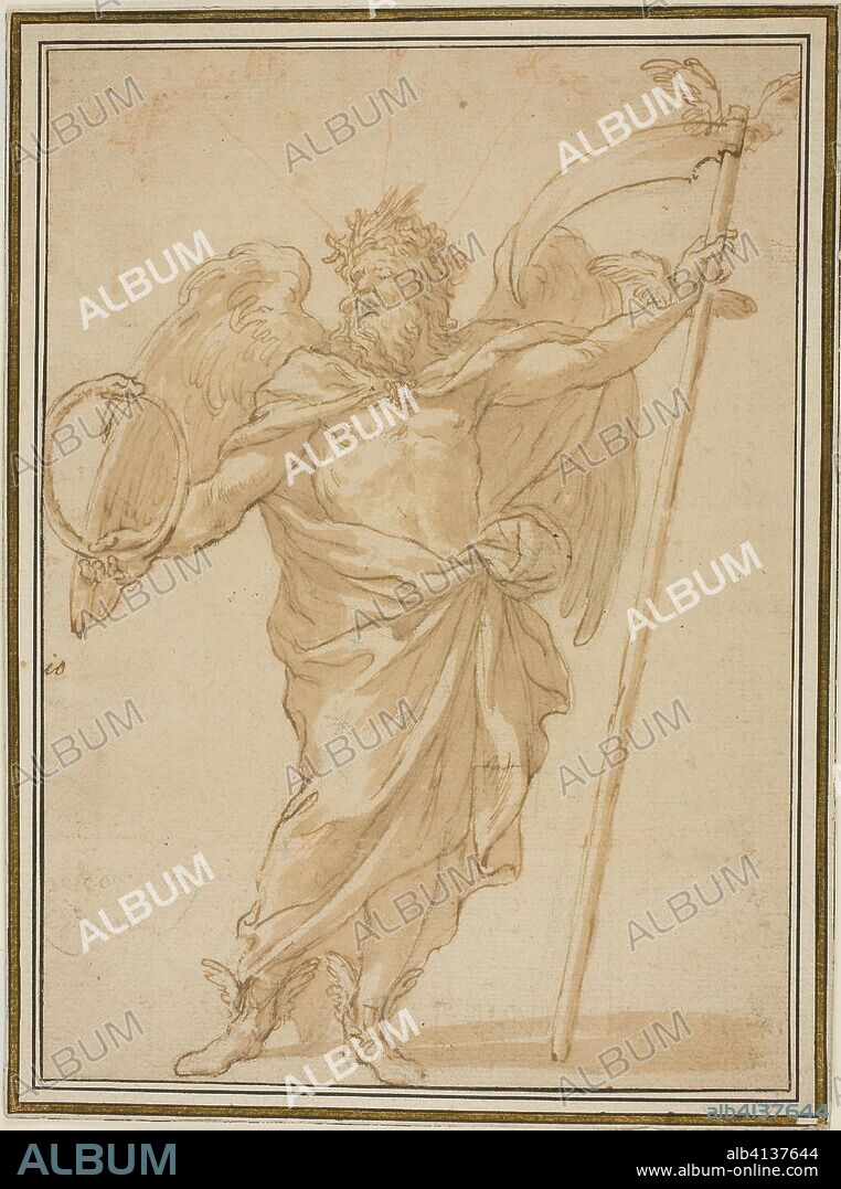 Father Time. Attributed to Alessandro Algardi; Italian, 1598-1654. Date: 1618-1654. Dimensions: 270 x 196 mm. Pen and brown ink and brush and brown wash, over black chalk, with traces of red chalk, on tan laid paper, laid down on ivory laid paper. Origin: Italy.