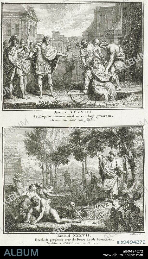 Jeremiah is thrown into a pit and the vision of Ezekiel, Jacob Folkema, 1791, Two Biblical representations from Jer. 38 and Ez. 37. The prophet Jeremiah is thrown into a pit, and the vision of the prophet Ezekiel about the valley of the dead. Two representations of one plate, each titled in Dutch and French. Numbered in the lower right: 74 ., print maker: Jacob Folkema, (mentioned on object), publisher: Johannes de Groot (II), publisher: Abraham Blussé & Zoon, publisher: Amsterdam, publisher: Dordrecht, 1791, paper, etching, h 327 mm × w 195 mm.