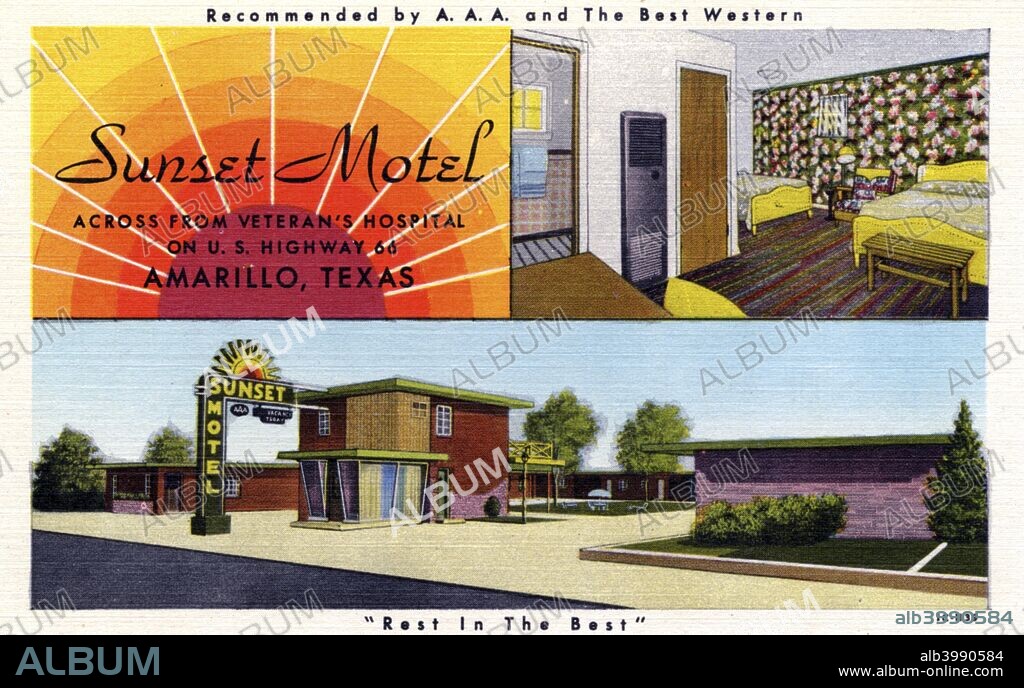 Sunset Motel, Amarillo, Texas, USA, 1951. Vintage postcard showing interior and exterior views of the Sunset Motel located on Route 66. The exterior image shows landscaped grounds and a large neon sign.