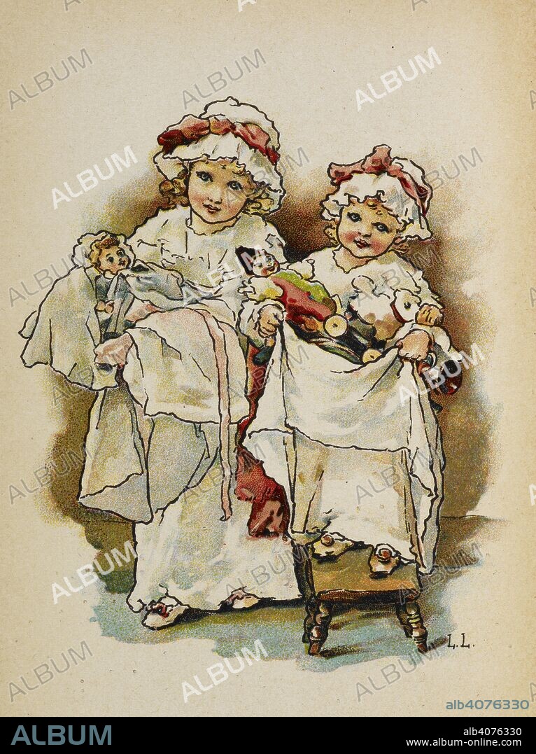 CLEMENT CLARKE MOORE et LIZZIE LAWSON. Two young girls holding their dolls. The night before Christmas / by Clement C Moore ; illustrated by Lizzie Lawson. London : Ernest Nister, [1904]. Source: Nister 273 page 24. Language: English.