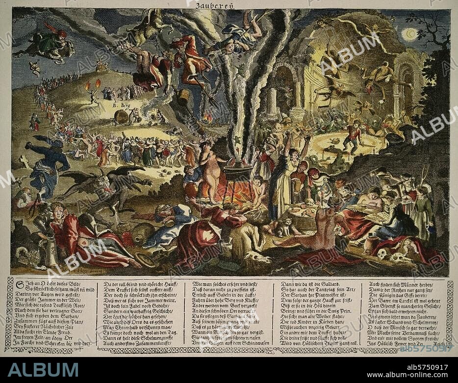 Magie und Aberglaube:. Hexen / Hexensabbath. "Zauberey". (Hexensabbath in der Walpurgisnacht, 30.4./1.5, auf dem Blocksberg). Kupferstich, 17. Jahrhundert, nach Zeichnung von Michael Herr (1591-1661), spätere Kolorierung.