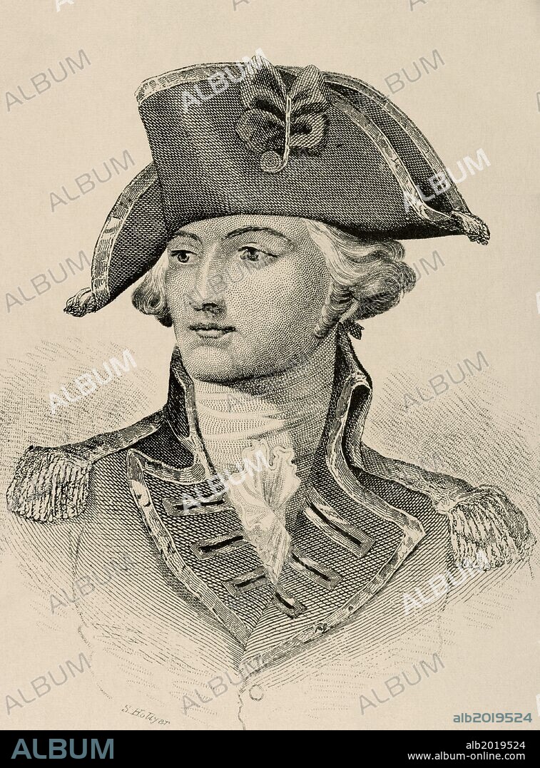 JOHN BURGOYNE (Londres, 1722-1792). General y dramaturgo británico. Durante la guerra de independencia de Estados Unidos, rindió su ejército de 6.000 hombres el 17 de octubre de 1777 en Saratoga. Grabado. "The American Revolution".