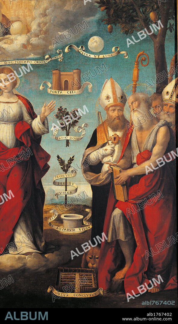 The Immaculate Conception, by workshop of Benvenuto Tisi known as Garofalo, 1500-1550 about, 16th Century, oil on canvas, cm 137 x 147. Italy, Lombardy, Milan, Brera Art Gallery. Detail. Emblems symbols Doctors of the Church mantle cloak red blue Saints lion St Hyeronimus St Jerome Pastoral staff miter. Authorization required for non editorial use.