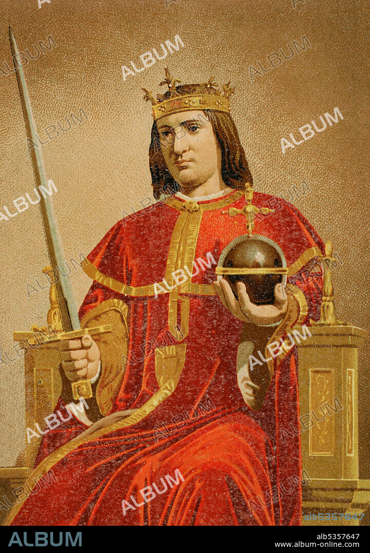 Ferdinand III of León and Castile, called the Saint (1199/1201-1252). King of Castile between 1217-1252 and King of León between 1230-1252. He unified the kingdoms of León and Castile. Chromolithography. Detail. Historia General de España (General History of Spain), by Miguel de Morayta. Volume II. Madrid, 1889.