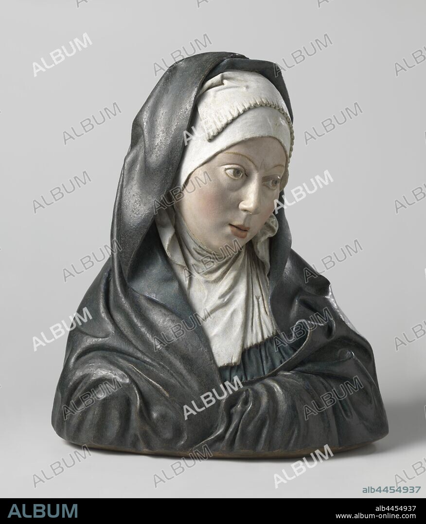 The Virgin as Mater Dolorosa (Our Lady of Sorrows) The Virgin as Mater Dolorosa (Our Lady of Sorrows) The Virgin as Mater Dolorosa (Our Lady of Sorrows) Maria as Mater Dolorosa, Polychromed terracotta bust of Maria, with grieving facial expression, she is wearing a blue cloak that is wrapped around her head and shoulders and wrapped around her arms at the bottom. A white head and child cover under the cloak. All kinds of details are indicated in the face, such as eyebrows, eyelids, teeth in the slightly opened mouth. Closed at the back except for a gate-shaped opening at the bottom, 'Mater Dolorosa' - FF - 'Mater Dolorosa', head or bust, Pietro Torrigiani (attributed to), Southern Netherlands, c. 1507 - c. 1510, terracotta (clay material), oil paint (paint), h 43.7 cm × w 37.5 cm × d 25 cm.