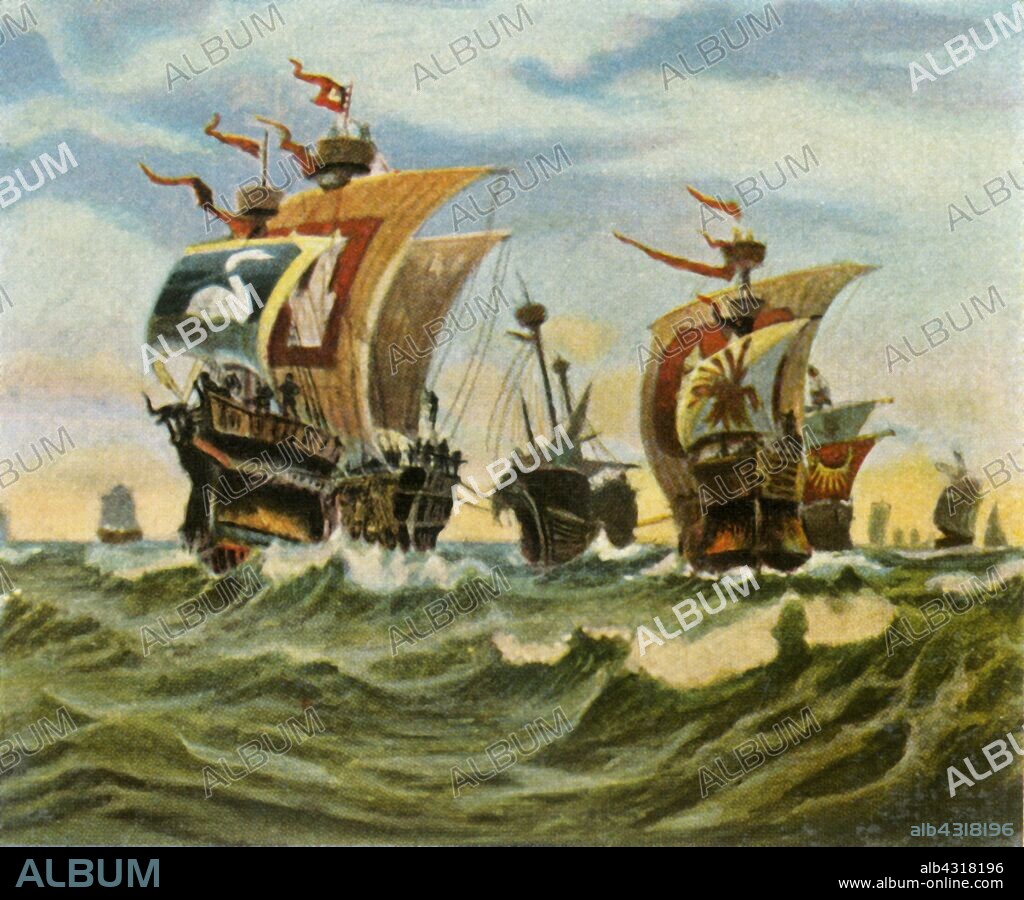 Return of the Hamburg fleet after the defeat of the Victual Brothers, 1401, (1936). 'Heimkehr Der Hamburger Nach Besiegung Der Vitalienbrüder, 1401'. The Victual Brothers (Vitalienbrüder in German) were privateers who turned to piracy. One of their leaders, Klaus Störtebeker, was captured and executed in 1401. From "Bilder Deutscher Geschichte", (Pictures of German History), No.12, cigarette card album. [Cigaretten-Bilderdienst, Altona-Bahrenfeld, Hamburg, Germany, 1936].