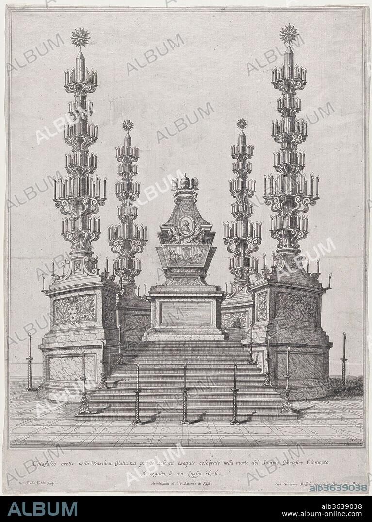 Catafalque for Pope Clement X; central structure at the top of a fifteen step platform, with columns surmounted by candelabra at each of the four corners. Artist: Giovanni Battista Falda (Italian, Valduggia 1643-1678 Rome); After Giovanni Battista de' Rossi (Italian, active Rome, ca. 1601-1678). Dimensions: Sheet (Trimmed): 17 3/16 × 12 13/16 in. (43.6 × 32.5 cm). Published in: Rome. Publisher: Giovanni Giacomo De Rossi (Italian, Rome 1627-1691 Rome). Date: 1676.