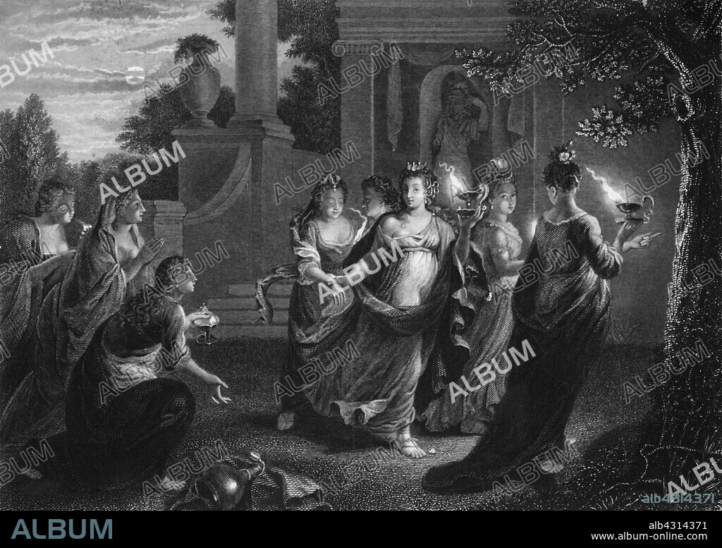 GEORGE PRESBURY. 'Give us of your oil; for our lamps are gone out', c1840. Biblical scene, from Matthew 25: 8, The Parable of the Wise and Foolish Virgins: 'And the foolish said to the wise, 'Give us of your oil, for our lamps are gone out'.' The five virgins who are prepared for the bridegroom's arrival are rewarded, while the five who are not prepared are disowned. Engraving after a painting of the 17th century.