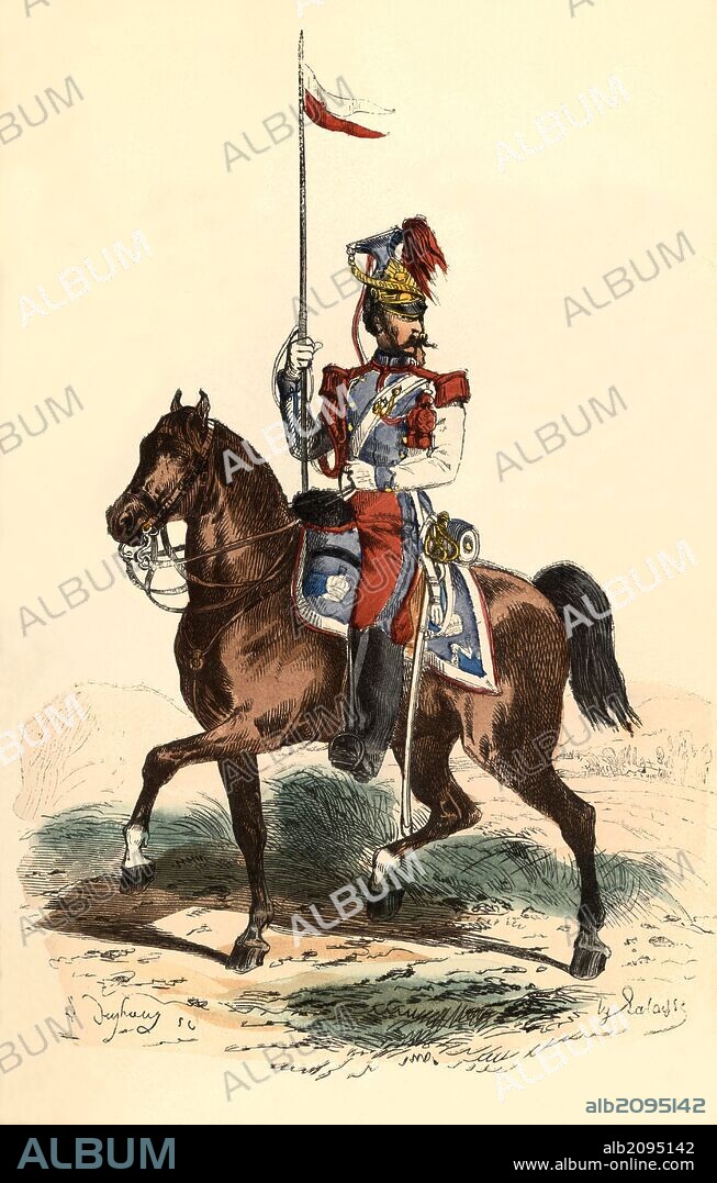 Francia. Siglo XIX. Uniforme de Lancero de la guardia imperial, año 1856. Grabado de 1864.
