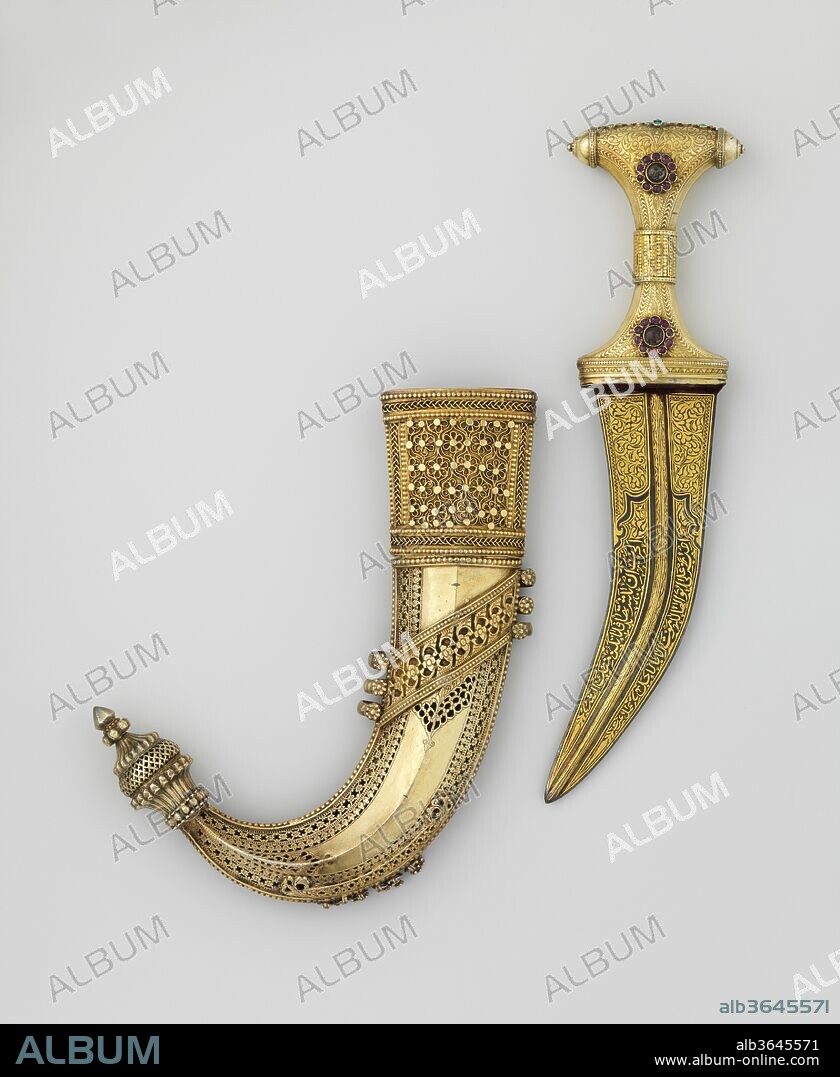Dagger (Jambiya) with Scabbard and Fitted Storage Case. Culture: Arabian, Medina. Dimensions: L. of dagger with scabbard 12 3/4 in. (32.4 cm); Wt. of dagger with scabbard  (642.0 g); Dagger: L. 11 1/16 in. (28.1 cm); L. of blade 6 3/4 in. (17.2 cm); W. 2 7/8 in. (7.3 cm); Wt. 9.1 oz. (258 g); Scabbard: L. 8 7/8 in. (22.5 cm); Wt. 13.7 oz. (388.4 g); Case: H. 14 in. (35.6 cm); W. 3 1/2 in. (8.9 cm); Wt. 10.8 oz. (306.2 cm). Date: 1876-1909.
A traditional <i>jambiya</i> Arab dagger, this example commemorates a Turk's pilgrimage to Mecca. Inscriptions on the scabbard give the name of the owner and the city of manufacture, Medina, another pilgrimage site, while those on the blade include verses of poetry and the name of the maker, Izzet. The storage case, made in Turkey, bears the calligraphic cipher (<i>tugra</i>) of the Ottoman sultan Abdülhamid II (r. 1876-1909).