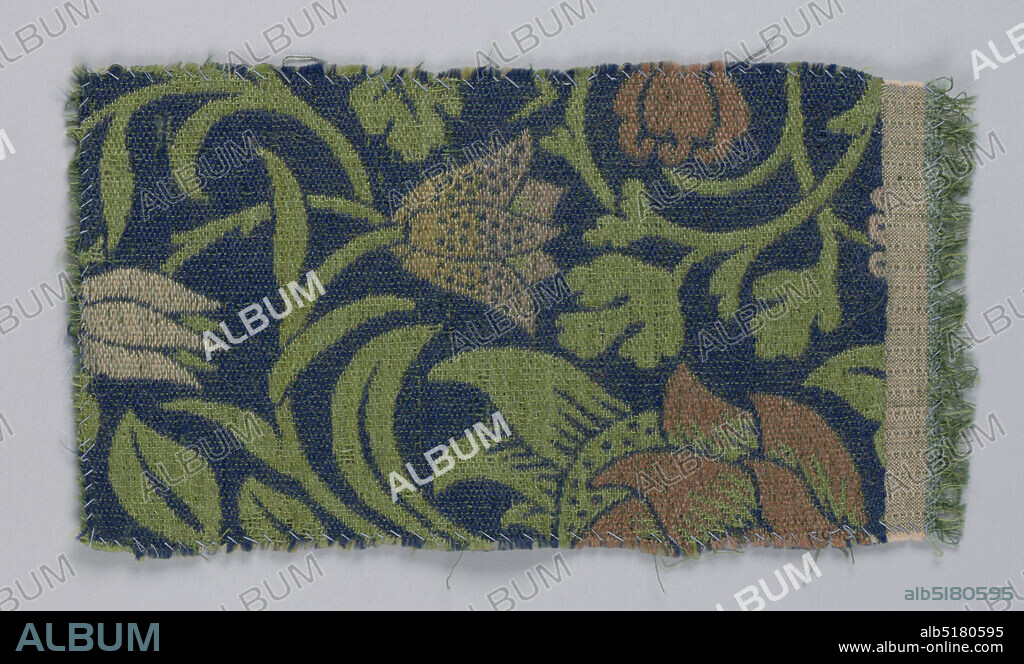 Violet and Columbine, William Morris, (British, 18341896), Medium: wool, mohair Technique: woven on hand-loom jacquard, Large scale flowers, twining stems and leaves in soft shades of green, salmon, orange and pale pink on a dark blue background., England, 1883, woven textiles, Fragment, Fragment.