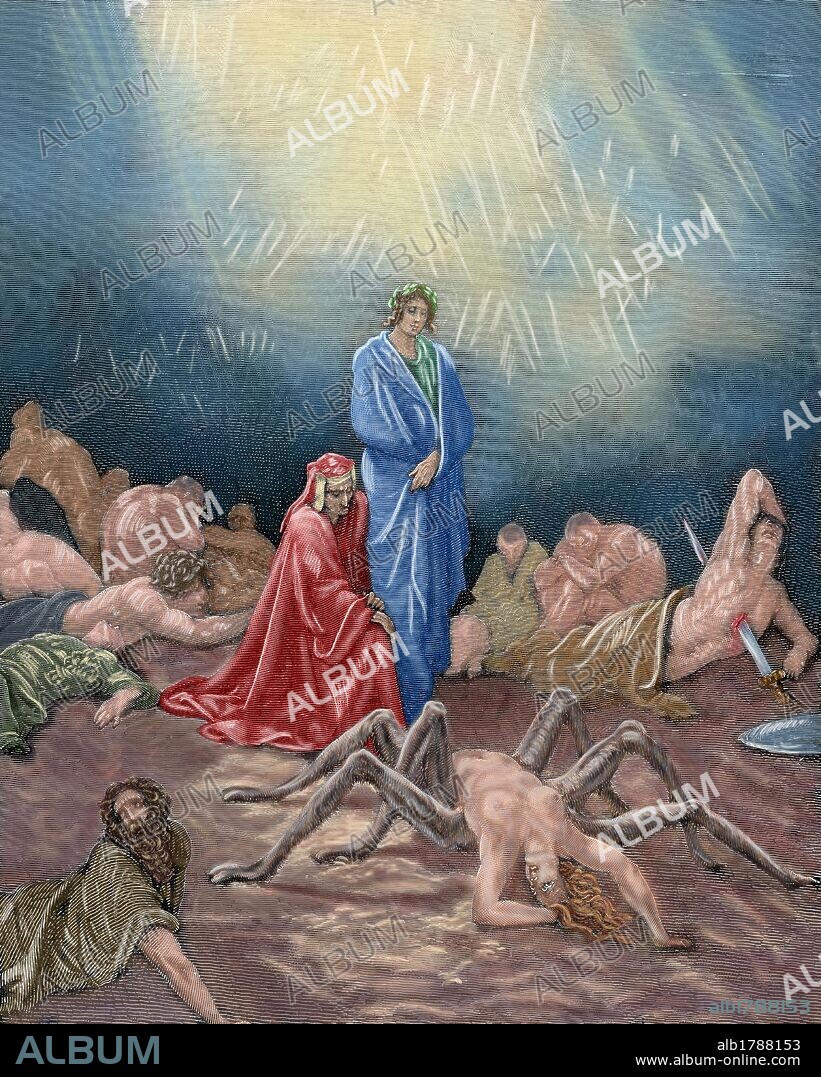 "LA DIVINA COMEDIA". Poema escrito en toscano donde se relata el viaje de su autor, DANTE ALIGHIERI, para llegar a la CONTEMPLACION DIVINA. " ¡OH ARACHNE! TAMBIEN A TI TE VEIA, MEDIO CONVERTIDA EN ARAÑA" (Purgatorio, c. XII). Grabado de Gustave DORE. Coloreado.