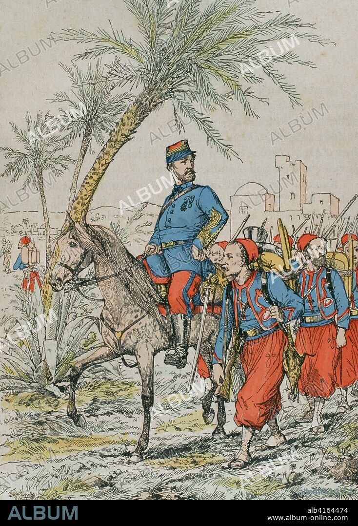Ejército francés. Zuavos. Regimientos de infantería franceses que se organizaron a partir de la década de 1830 hasta 1962. Originarios de Argelia. Reconocibles por sus vistosos uniformes. "En Columna en el sur, ejército de Africa". Ilustración a color de la "Armeé Française, Nos Soldats" (Ejército Francés, Nuestros Soldados). Autor, Eugene Hennebert (1826-1896). París, h. 1890. Ilustraciones firmadas por Hussenot y Pallandre. Biblioteca Histórico Militar de Barcelona, Cataluña, España.