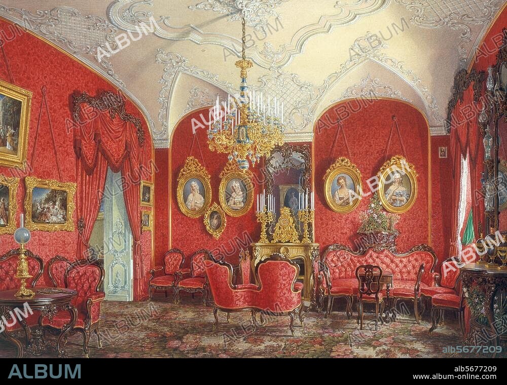 EDUARD PETROWITSCH HAU. Gatchina near St. Petersburg (Russia), Marble Palace (built 1766-72 for Grigorij Count Orlov by Catherine II; arch.: Antonio Rinaldi (1709-1754)).-Living room of Maria Alexandrovna.-Watercolour, 1874, by Eduard Petrovich Hau (1807-1887), 29.5 x 41.7cm.