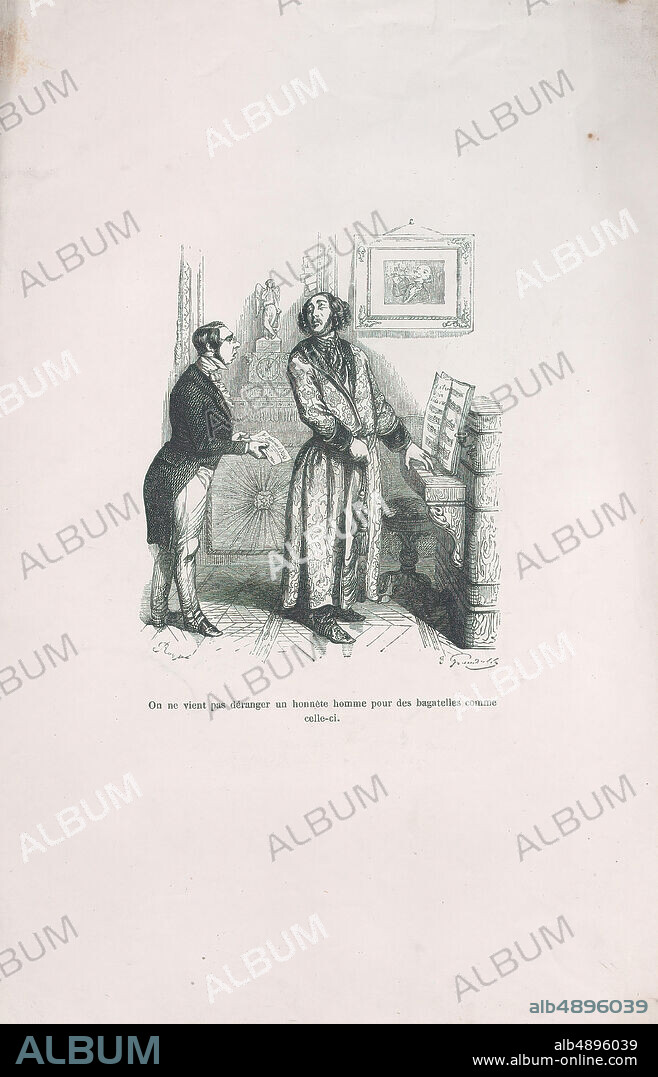 J. J. Grandville, 'One does not bother an honest man with trifles like this.' from the Little Miseries of Human Life, Petites Misères de la Vie Humaine, J. J. Grandville (French, Nancy 18031847 Vanves), Paul-Émile-Daurand Forgues (French, Paris 18131883 Cannes), Henri Fournier, 1843, Wood engraving, Sheet: 11 1/4 × 7 1/2 in. (28.5 × 19 cm), Prints.