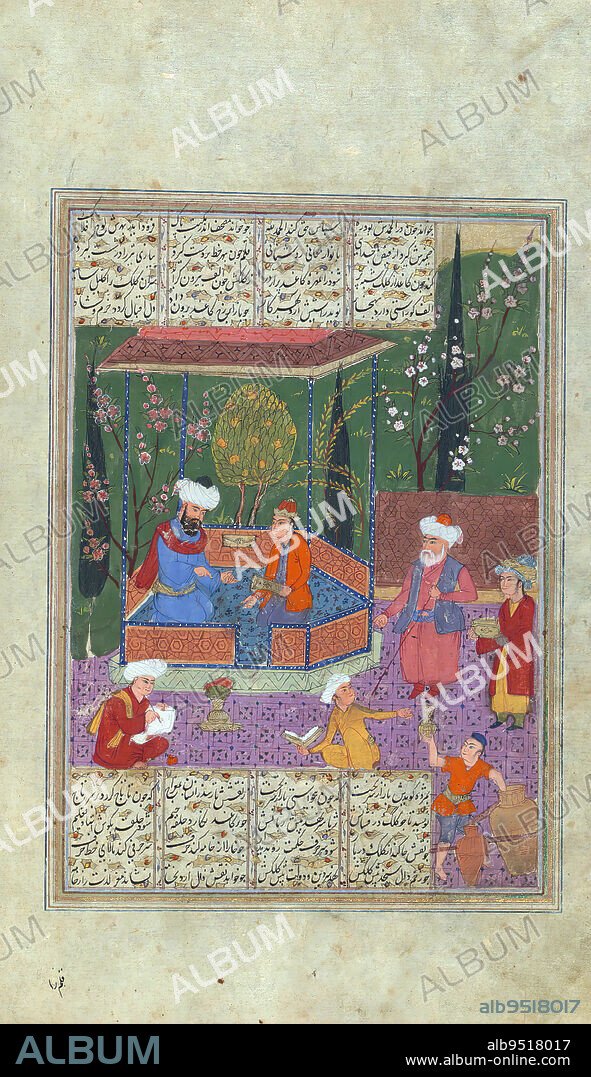 Illuminated Manuscript, Collection of poetry, A school scene, This illuminated and illustrated manuscript contains the Khamsah (quintet) and two historical poems (masnavi), Qirn-i sadayn and Nuh sipihr, by Amr Khusraw Dihlav (d. 725 AH / 1325 CE). The codex is dated 1017 AH / 1609 CE and was produced in Safavid Iran. All texts are written in black nastalq script with chapter headings in red. The manuscript opens with an illuminated and illustrated frontispiece of a hunting and court scene in the early Safavid style. The first text is Khamsah-i Dihlav, which is introduced by an illuminated incipit and titlepiece with the title of the first poem of the quintet and the author's name. The second text is Qirn-i sadayn, a historical poem (masnavi) about the meeting of Sultan Muizz al-Dn Kayqubd and his father, Nir al-Din Bughr Khn, on the banks of the Sarj in Oudh. It is also introduced with an illuminated incipit and titlepiece. The third text is Nuh sipihr, a historical poem (masnavi) describing the glories of Sultan Qub al-Dn Mubrak Shh Khaljs time, introduced with an illuminated incipit and headpiece.