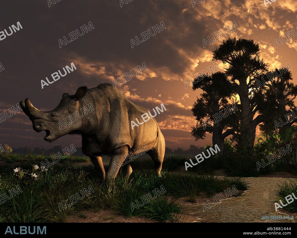 A Megacerops grazing a prehistoric landscape. Only one flower left, then breakfast is done for this double horned relative of the modern rhinoceros.
