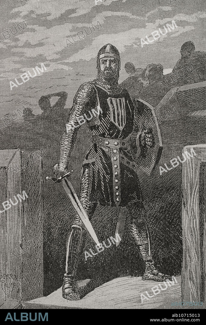 JOAN SERRA PAUSAS (ACTIVE 1861-1902). Roger de Lauria (1245-1305). Marino y militar italiano al servicio de la Corona de Aragón como almirante de la flota del reino. Grabado por Serra Pausas. "Glorias Españolas". Tomo II. Publicada en Barcelona, 1890.